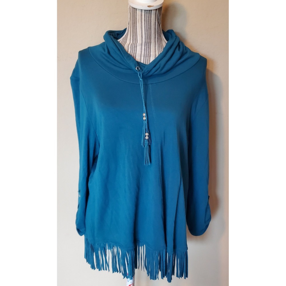 Ruby Rd Womens Teal Blue Cowl Neck Fringe Hem Tassel Top Size L 13150